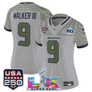 Women's Seattle Seahawks #9 Kenneth Walker III Gray 2025 F.U.S.E. Super Bowl LX & US 250th anniversary Patch And 50th Season Patch Rivalries Vapor Limited Football Stitched Jersey(Run Small)