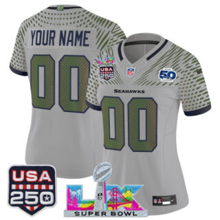 Women's Seattle Seahawks Active Player Custom Gray 2025 F.U.S.E. Super Bowl LX & US 250th anniversary Patch And 50th Season Patch Rivalries Vapor Limited Football Stitched Jersey(Run Small)