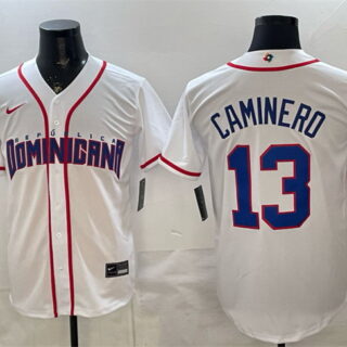 Men's Dominican Republic Baseball #13 Junior Caminero White 2026 World Baseball Classic Home Stadium Stitched Jersey