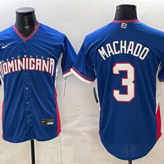 Men's Dominican Republic Baseball #3 Manny Machado Royal 2026 World Baseball Classic Road Stadium Stitched Jersey