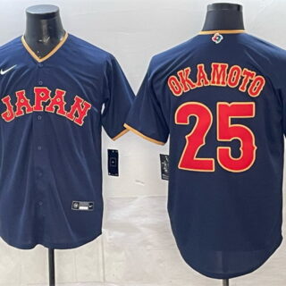 Men's Japan Baseball #25 Kazuma Okamoto Navy 2026 World Baseball Classic Road Stadium Stitched Jersey