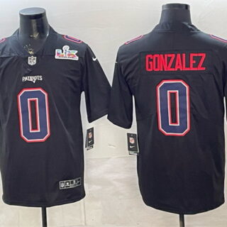 Men's New England Patriots #0 Christian Gonzalez Black 2025 Super Bowl LX Patch Carbon Fashion Stitched Football Jersey