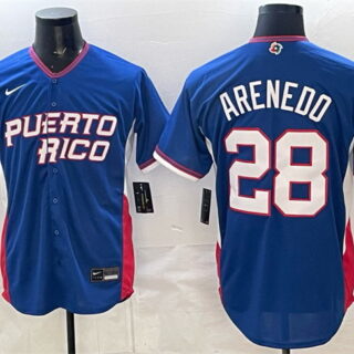 Men's Puerto Rico Baseball #28 Nolan Arenado Royal 2026 World Baseball Classic Road Stadium Stitched Jersey