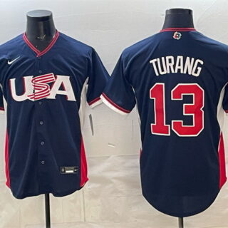 Men's USA Baseball #13 Brice Turang Navy 2026 World Baseball Classic Road Stadium Stitched Jersey