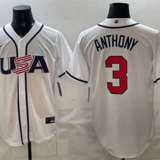 Men's USA Baseball #3 Roman Anthony White 2026 World Baseball Classic Home Stadium Stitched Jersey