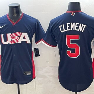 Men's USA Baseball #5 Ernie Clement Navy 2026 World Baseball Classic Road Stadium Stitched Jersey