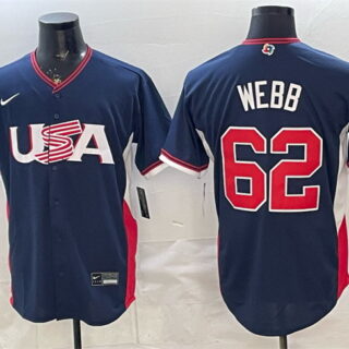 Men's USA Baseball #62 Logan Webb Navy 2026 World Baseball Classic Road Stadium Stitched Jersey