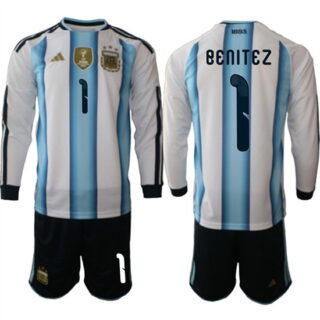 Men's Argentina #1 Benitez Long Sleeve National Team FIFA x World Cup 2026 Home White On Field Jersey