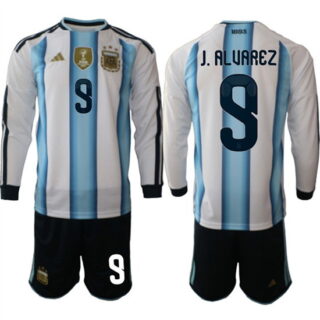 Men's Argentina #9 J.ALUAREZ Long Sleeve National Team FIFA x World Cup 2026 Home White On Field Jersey