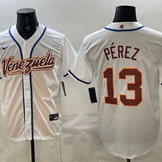 Men's Venezuela Baseball #13 Salvador Perez White 2026 World Baseball Classic Home Stadium Stitched Jersey