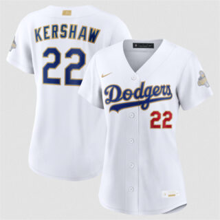 Women's Los Angeles Dodgers #22 Clayton Kershaw White 2026 Gold Collection Stadium Stitched Baseball Jersey(Run Small)