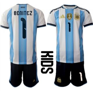 Youth Argentina #1 Benitez National Team FIFA x World Cup 2026 Home White On Field Kids Jersey