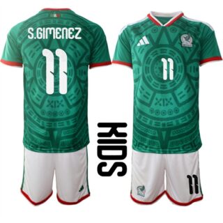 Youth Mexico #11 S.GIMENEZ National Team FIFA x World Cup 2026 Home Green On Field Kids Jersey