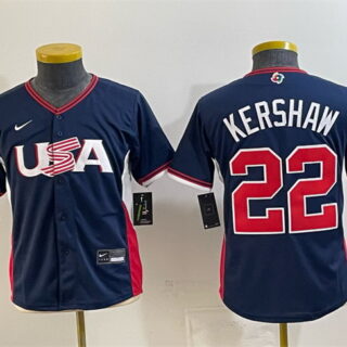 Youth USA Baseball #22 Clayton Kershaw Navy 2026 World Baseball Classic Stadium Stitched Baseball Jersey