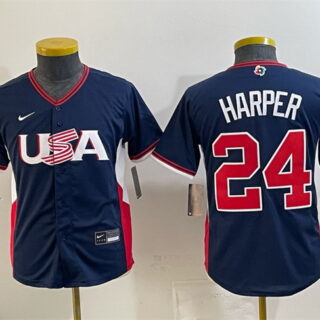 Youth USA Baseball #24 Bryce Harper Navy 2026 World Baseball Classic Stadium Stitched Baseball Jersey