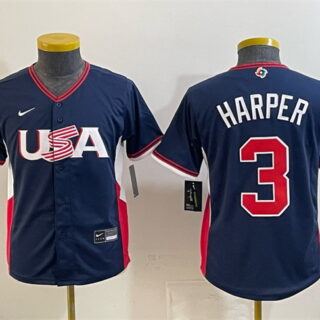 Youth USA Baseball #3 Bryce Harper Navy 2026 World Baseball Classic Stadium Stitched Baseball Jersey