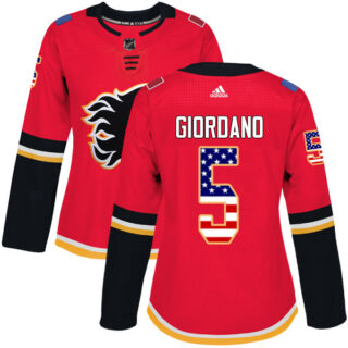 Women's Calgary Flames #5 Mark Giordano Red Home Authentic USA Flag Stitched NHL Jersey