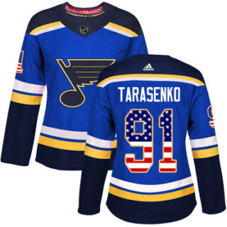 Women's St. Louis Blues #91 Vladimir Tarasenko Blue Home Authentic USA Flag Stitched NHL Jersey