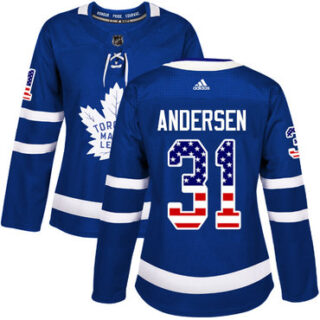 Women's Toronto Maple Leafs #31 Frederik Andersen Blue Home Authentic USA Flag Stitched NHL Jersey