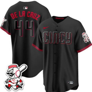 Men's Cincinnati Reds #44 Elly De La Cruz Black City Connect With Patch Limited Stitched Baseball Jersey