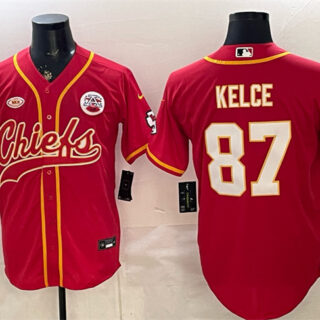 Men's Kansas City Chiefs #87 Travis Kelce Red With NKH Patch Cool Base Stitched Baseball Jersey
