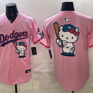 Men's Los Angeles Dodgers Team Big Logo Pink Hello Kitty Night 2025 World Series Champions Patch Stitched Baseball Jersey