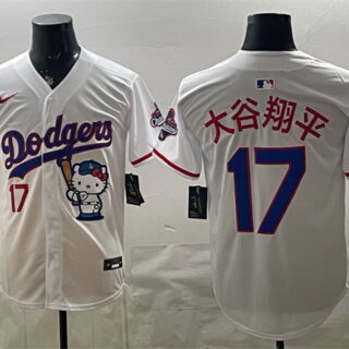 Men's Los Angeles Dodgers #17 Shohei Ohtani White Hello Kitty Night 2025 World Series Champions Patch Stitched Baseball Jersey