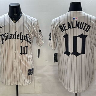Men's Philadelphia Phillies #10 J.T. Realmuto Cream Pinstripe Gothic Vapor Limited Stitched Jersey
