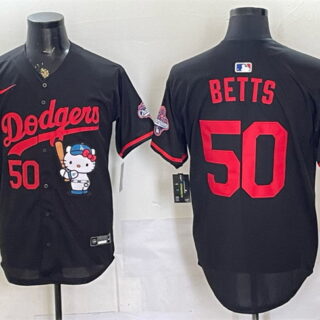 Men's Los Angeles Dodgers #50 Mookie Betts Black Hello Kitty Night 2025 World Series Champions Patch Stitched Baseball Jersey