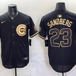 Men's Chicago Cubs #23 Ryne Sandberg Black Gold 150th Anniversary Patch Stitched Baseball Jersey
