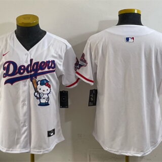 Women's Los Angeles Dodgers Blank White Hello Kitty Night 2025 World Series Champions Patch Stitched Baseball Jersey(Run Small)