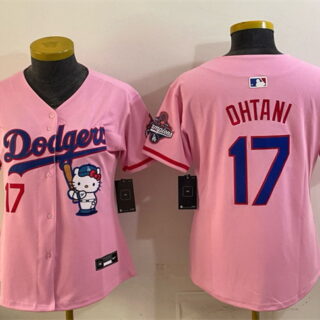 Women's Los Angeles Dodgers #17 Shohei Ohtani Pink Hello Kitty Night 2025 World Series Champions Patch Stitched Baseball Jersey(Run Small)