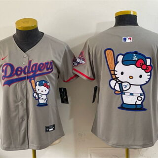Women's Los Angeles Dodgers Team Big Logo Grey Hello Kitty Night 2025 World Series Champions Patch Stitched Baseball Jersey(Run Small)