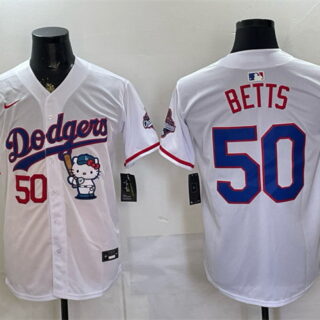 Men's Los Angeles Dodgers #50 Mookie Betts White Hello Kitty Night 2025 World Series Champions Patch Stitched Baseball Jersey