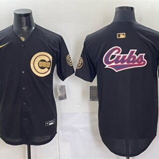 Men's Chicago Cubs Team Big Logo Black Gold 150th Anniversary Patch Stitched Baseball Jersey