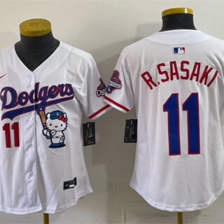 Youth Los Angeles Dodgers #11 Roki Sasaki White Hello Kitty Night 2025 World Series Champions Patch Stitched Baseball Jersey