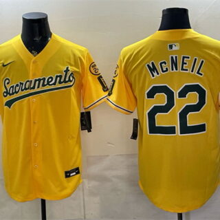 Men's Oakland Athletics #22 Jeff McNeil 2026 Yellow Alternate Sacramento Celebrating 125 Years Vapor Limited Stitched Baseball Jersey