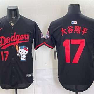Men's Los Angeles Dodgers #17 Shohei Ohtani Black Hello Kitty Night 2025 World Series Champions Patch Stitched Baseball Jersey