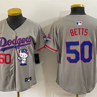 Youth Los Angeles Dodgers #50 Mookie Betts Grey Hello Kitty Night 2025 World Series Champions Patch Stitched Baseball Jersey