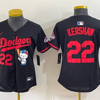 Women's Los Angeles Dodgers #22 Clayton Kershaw Black Hello Kitty Night 2025 World Series Champions Patch Stitched Baseball Jersey(Run Small)