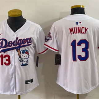 Women's Los Angeles Dodgers #13 Max Muncy White Hello Kitty Night 2025 World Series Champions Patch Stitched Baseball Jersey(Run Small)