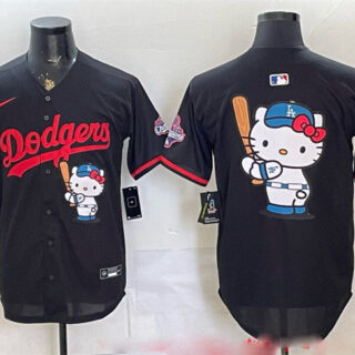 Men's Los Angeles Dodgers Team Big Logo Black Hello Kitty Night 2025 World Series Champions Patch Stitched Baseball Jersey