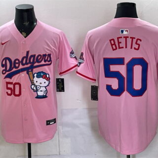 Men's Los Angeles Dodgers #50 Mookie Betts Pink Hello Kitty Night 2025 World Series Champions Patch Stitched Baseball Jersey