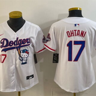 Women's Los Angeles Dodgers #17 Shohei Ohtani White Hello Kitty Night 2025 World Series Champions Patch Stitched Baseball Jersey(Run Small)
