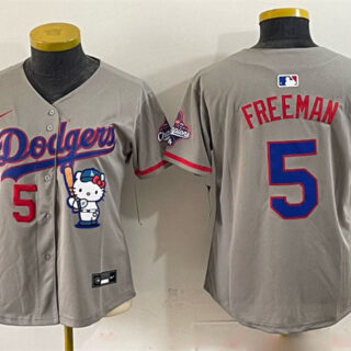Youth Los Angeles Dodgers #5 Freddie Freeman Grey Hello Kitty Night 2025 World Series Champions Patch Stitched Baseball Jersey