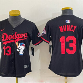 Women's Los Angeles Dodgers #13 Max Muncy Black Hello Kitty Night 2025 World Series Champions Patch Stitched Baseball Jersey(Run Small)