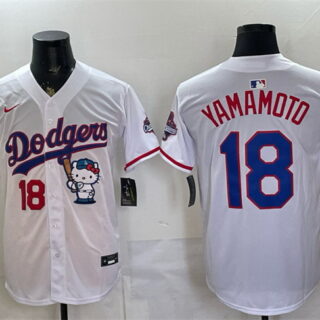 Men's Los Angeles Dodgers #18 Yoshinobu Yamamoto White Hello Kitty Night 2025 World Series Champions Patch Stitched Baseball Jersey