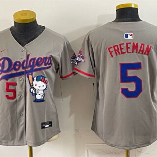 Women's Los Angeles Dodgers #5 Freddie Freeman Grey Hello Kitty Night 2025 World Series Champions Patch Stitched Baseball Jersey(Run Small)