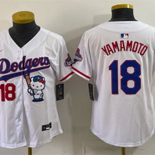 Youth Los Angeles Dodgers #18 Yoshinobu Yamamoto White Hello Kitty Night 2025 World Series Champions Patch Stitched Baseball Jersey