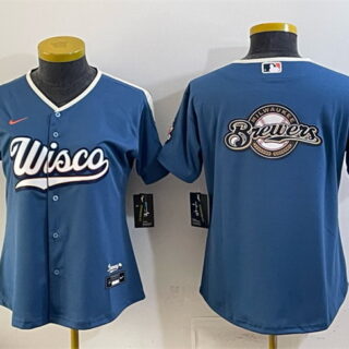 Women's Milwaukee Brewers Team Big Logo Mineral Blue 2026 City Connect Stadium Stitched Baseball Jersey(Run Small)